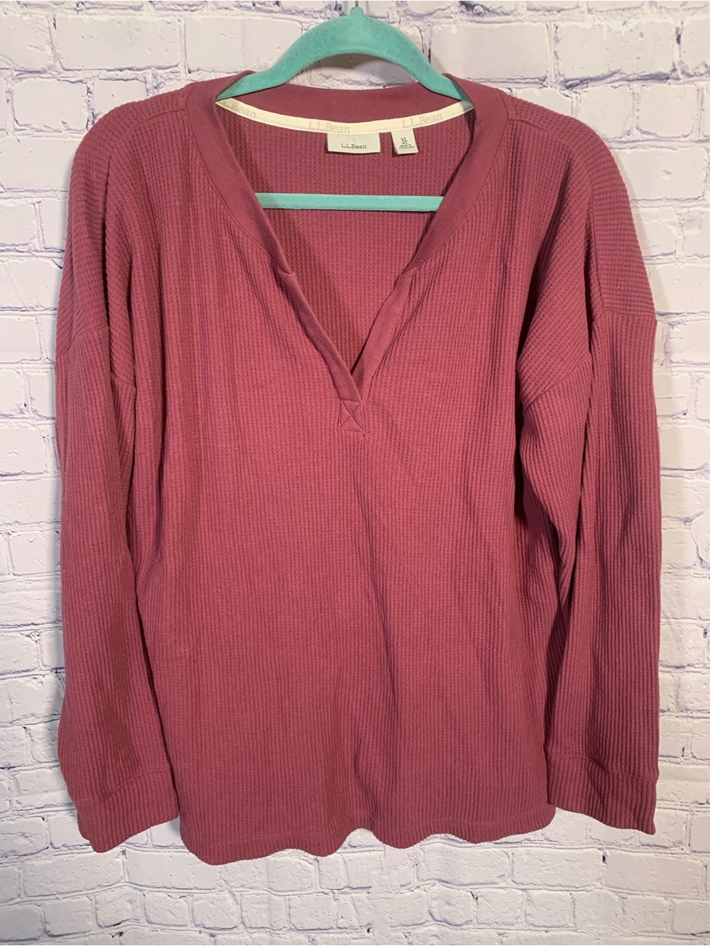 L.L.Bean Soft Waffle Thermal V-neck Long Sleeve Top Pink Size XL Casual